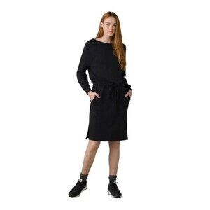 prAna Sunrise Midi Dress Black Long Sleeve Drawstring Waist Size Medium